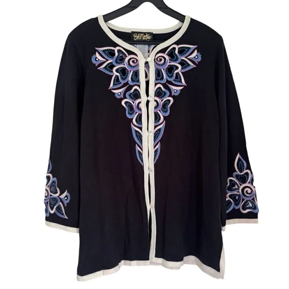 Bob Mackie Wearable Art Black Cardigan with Colorful Embroidery/Beads Size Large